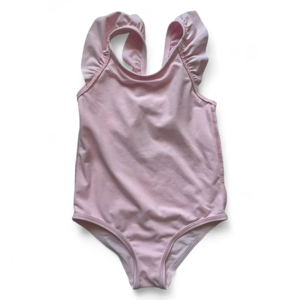 M&S Pink Rainbow One Piece Swimsuit 4T Ruffle Strap Graphic Beach Pool
